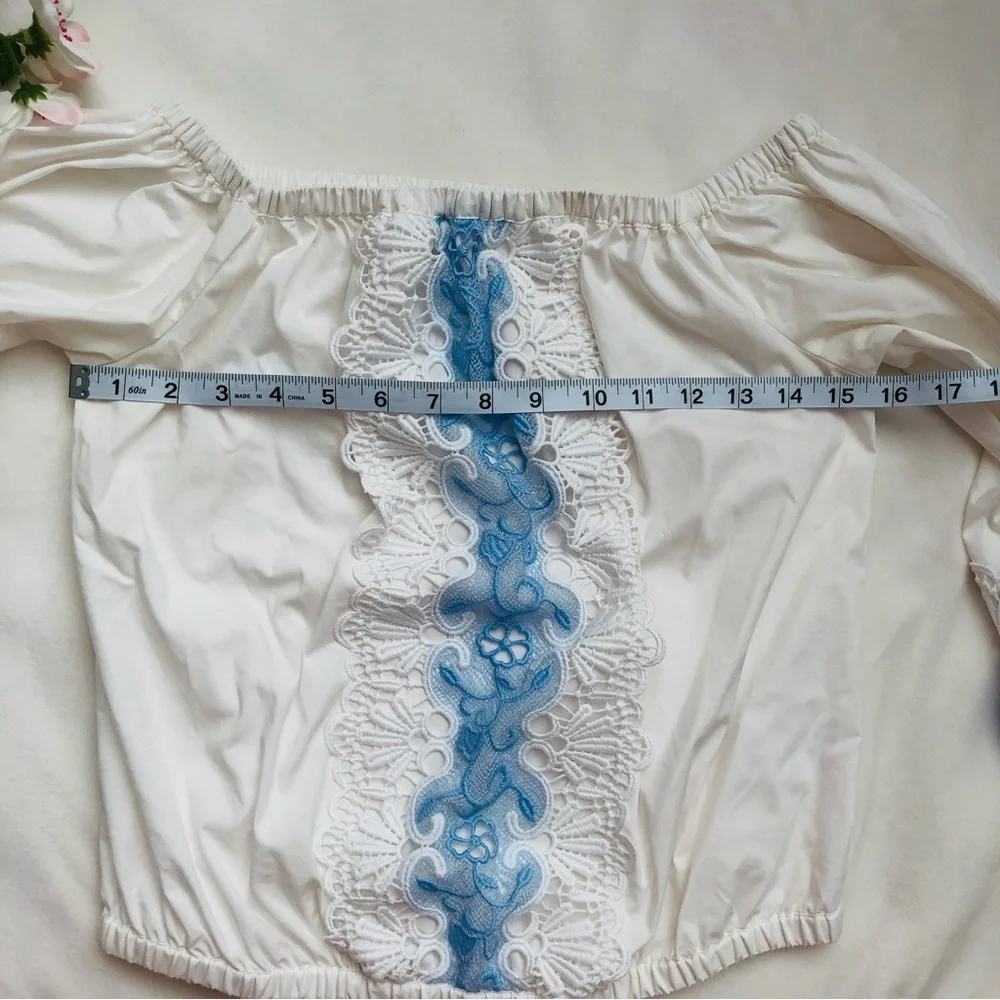 White Off-Shoulder Crop Top with Blue Lace Trim • Express Size XS - Picture 10 of 11